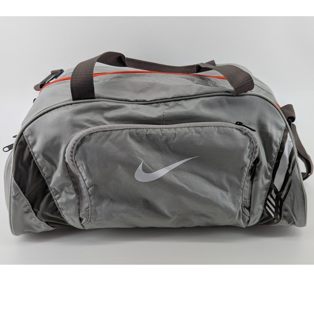 Nike Grey Ripstop Duffel Bag Orange Trim Gym Travel Sports Bag with Shoe Pocket